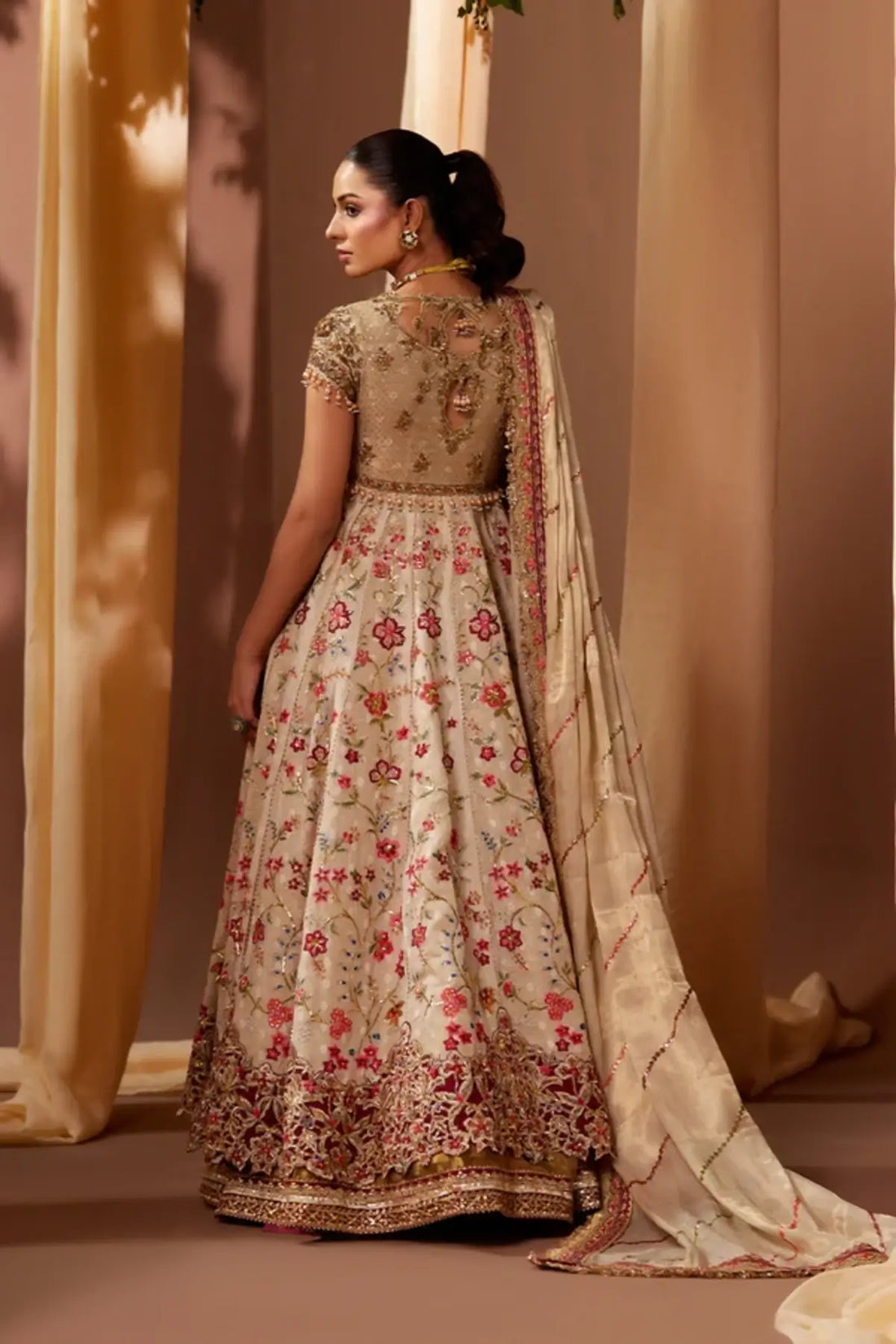 Jumana Ivory Gold Cotton Silk Pakistani Nikkah Pishwas with Multicolor Botanical Embroidery, Lame Lehenga and Lame Dupatta