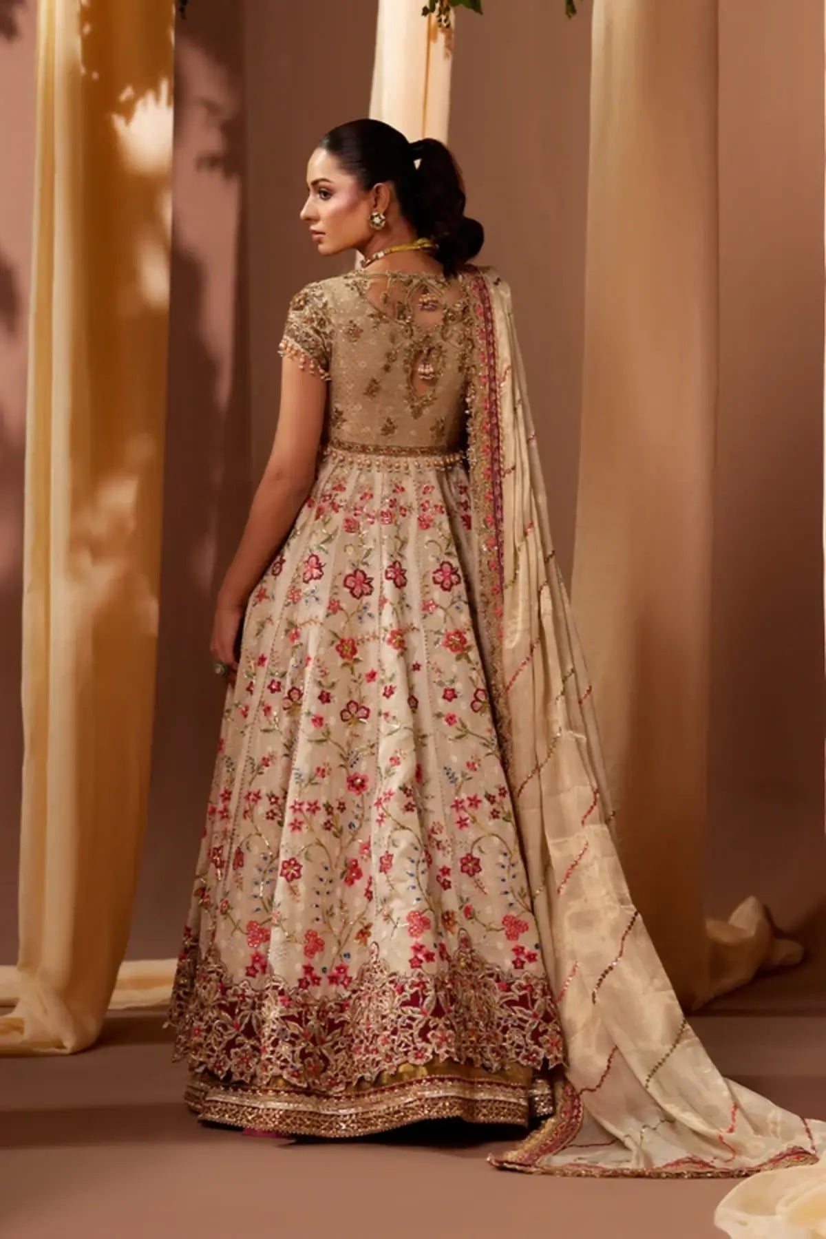 Jumana Ivory Gold Cotton Silk Pakistani Nikkah Pishwas with Multicolor Botanical Embroidery, Lame Lehenga and Lame Dupatta
