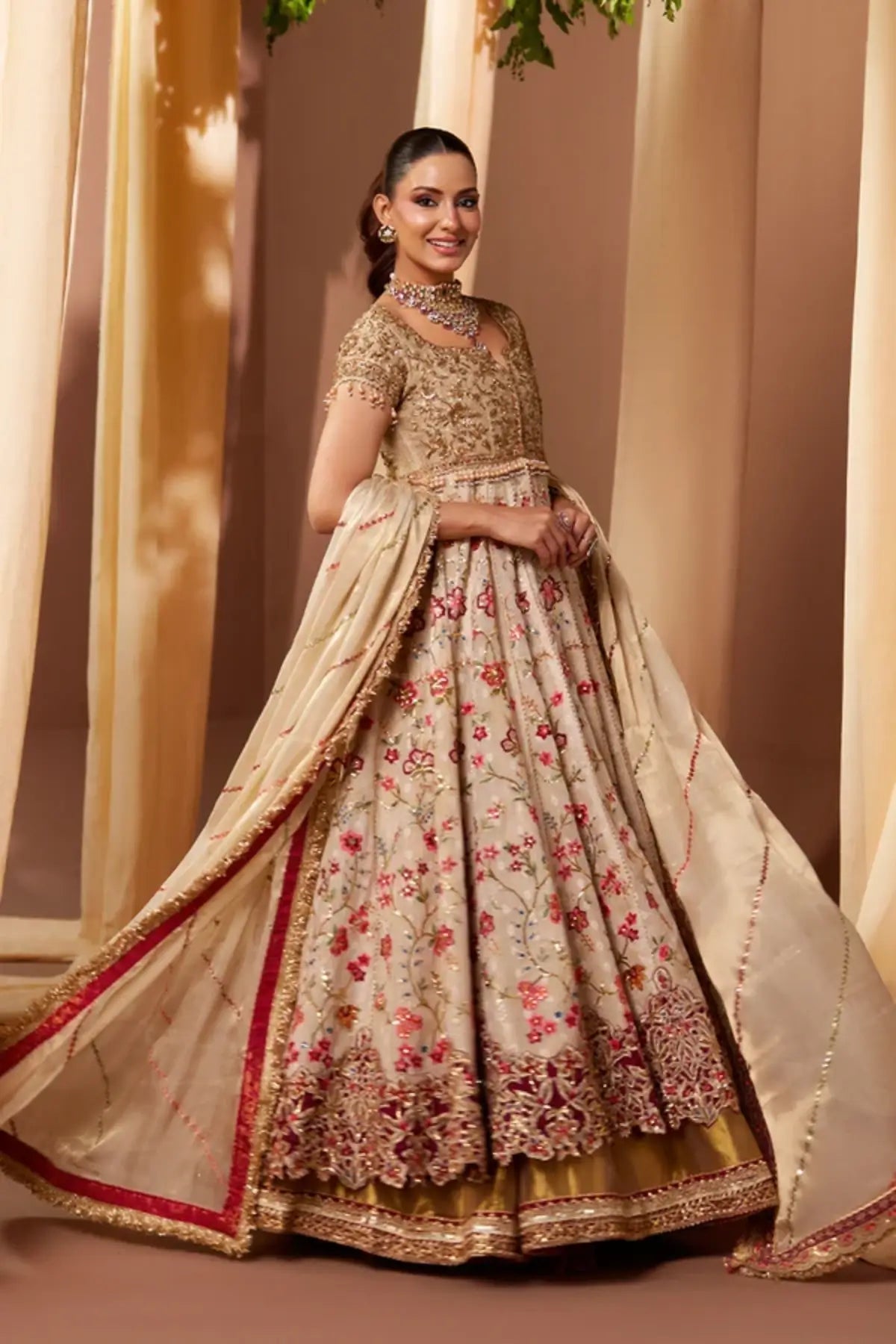 Jumana Ivory Gold Cotton Silk Pakistani Nikkah Pishwas with Multicolor Botanical Embroidery, Lame Lehenga and Lame Dupatta