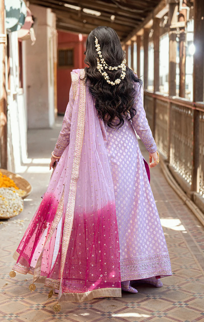 KAYA lavender front-open Pakistani dress with gold embroidery, hand-embellished karandi shirt, flared azaar pants, and embroidered net dupatta – by Pakistanimoda.com
