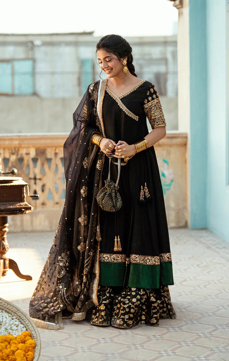 KIRSA Pakistani angrakha suit with embellished sleeves, flared chanderi sharara, and hand-printed organza dupatta – formal 3-piece dress by Pakistanimoda.com