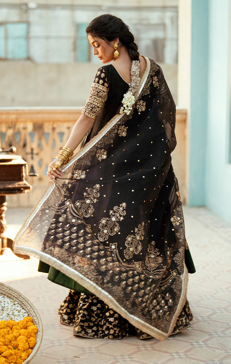 KIRSA Pakistani angrakha suit with embellished sleeves, flared chanderi sharara, and hand-printed organza dupatta – formal 3-piece dress by Pakistanimoda.com
