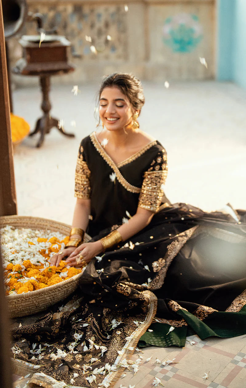 KIRSA Pakistani angrakha suit with embellished sleeves, flared chanderi sharara, and hand-printed organza dupatta – formal 3-piece dress by Pakistanimoda.com