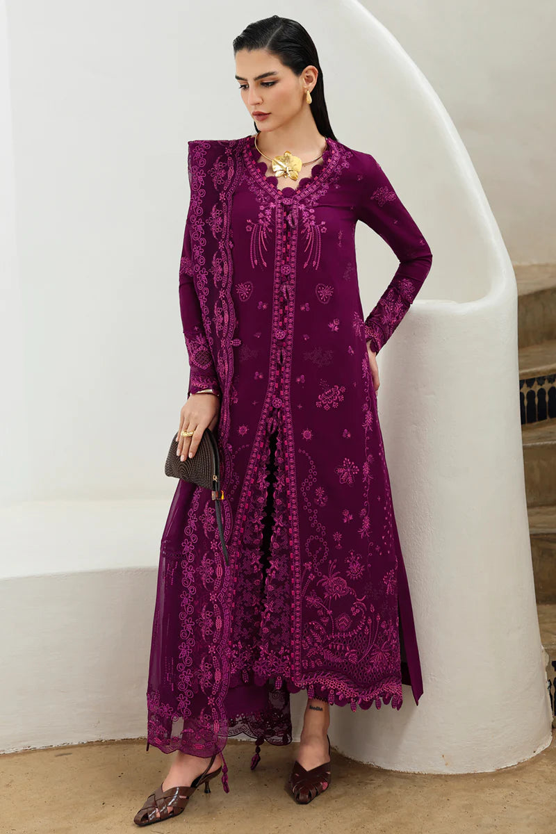 Qalamkar KL-01 Veyrah Plum Linen 3PC Stitched Chikankari Winter Suit Online
