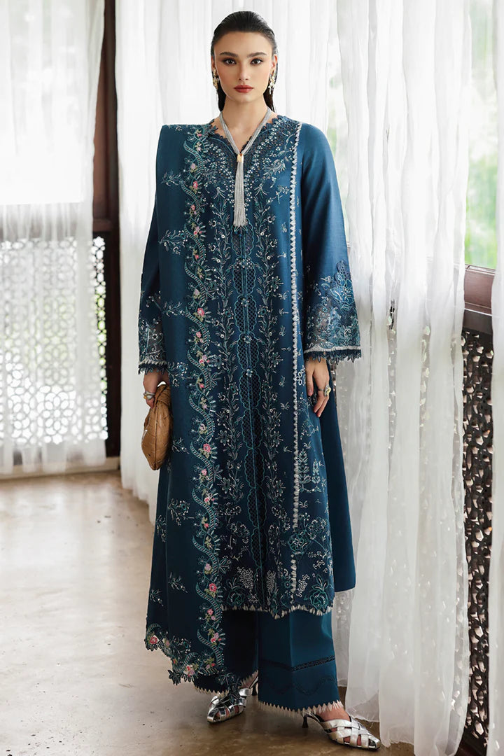 Qalamkar KL-05 Lush teal blue linen embroidered winter 3PC suit