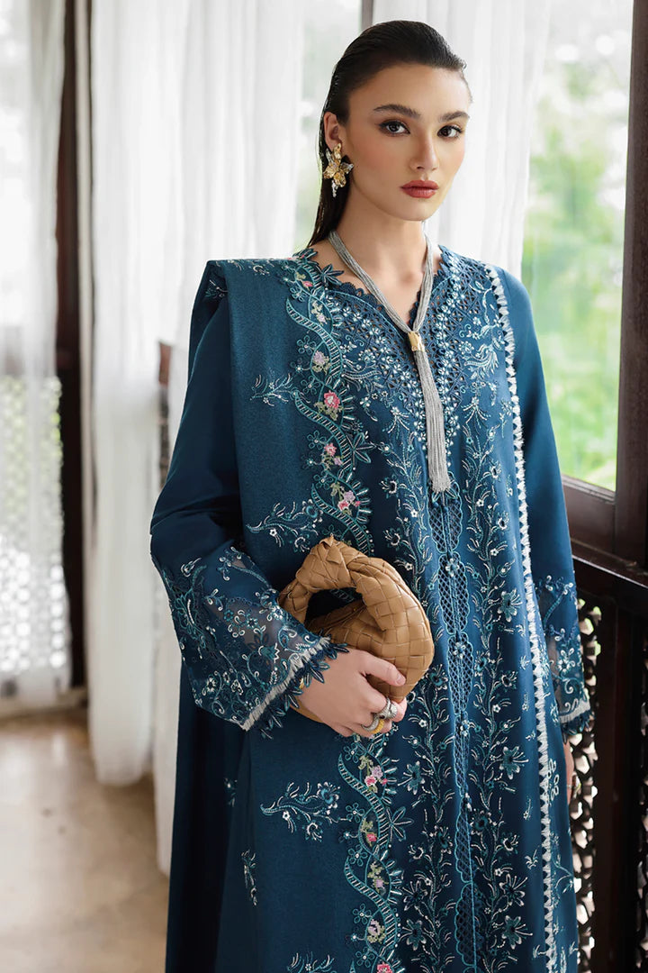 Qalamkar KL-05 Lush teal blue linen embroidered winter 3PC suit