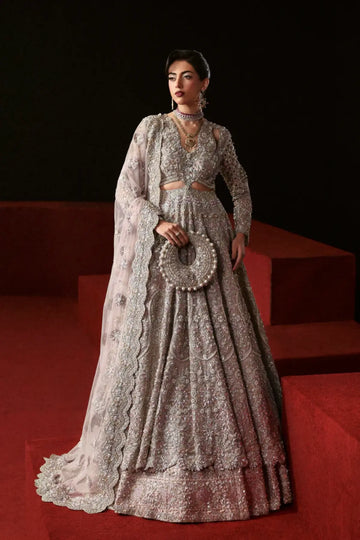Kaelia blush pink bridal stitched lehenga from Akbar Aslam Serena Bridal Edit '26 crafted in organza with silk inner.