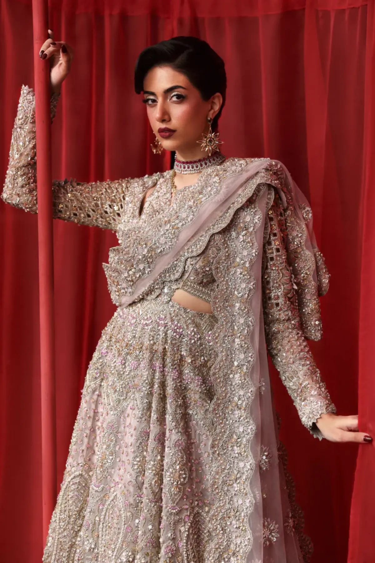 Kaelia blush pink bridal stitched lehenga from Akbar Aslam Serena Bridal Edit '26 crafted in organza with silk inner.
