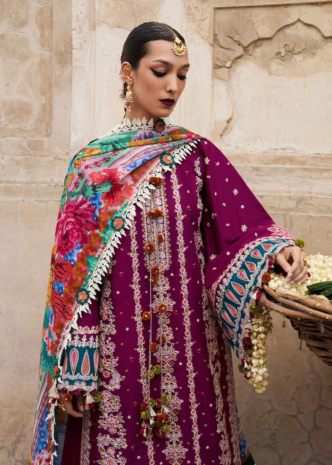 Kahei-Contemporary embroidered lawn ensemble in plum by-Hussain rehar
