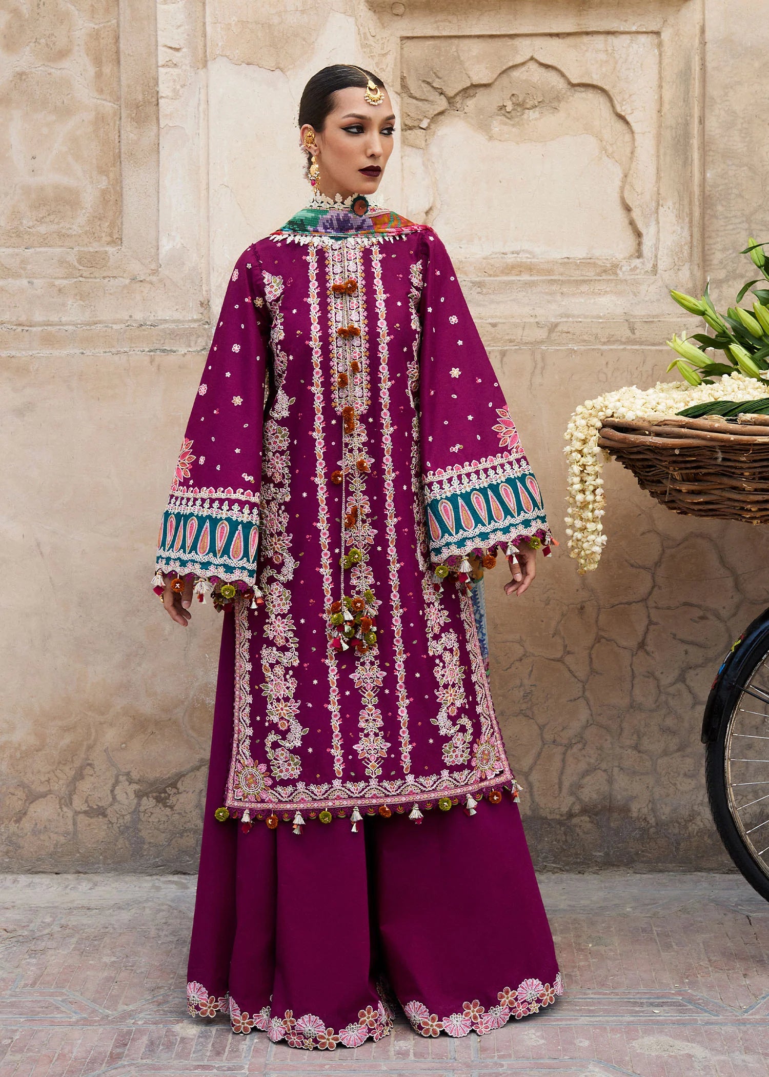 Kahei-Contemporary embroidered lawn ensemble in plum by-Hussain rehar