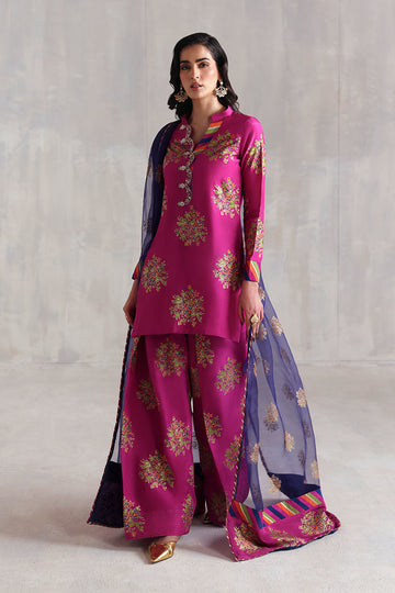 Purple block printed Pakistani shirt in Korean silk with matching trousers and organza dupatta – ideal for formal wear in USA, UK, Canada.

