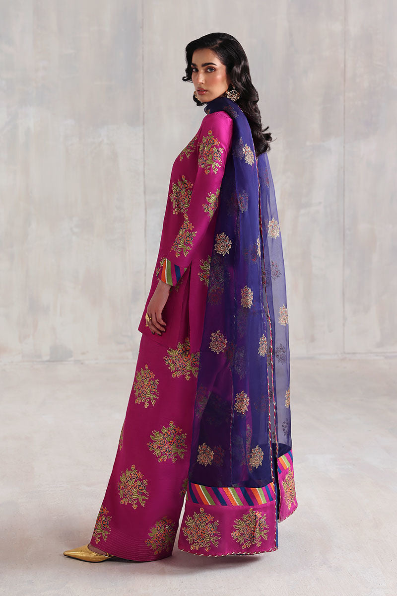 Purple block printed Pakistani shirt in Korean silk with matching trousers and organza dupatta – ideal for formal wear in USA, UK, Canada.

