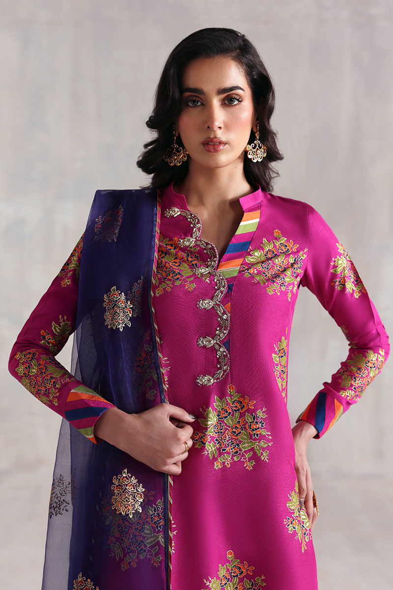 Purple block printed Pakistani shirt in Korean silk with matching trousers and organza dupatta – ideal for formal wear in USA, UK, Canada.

