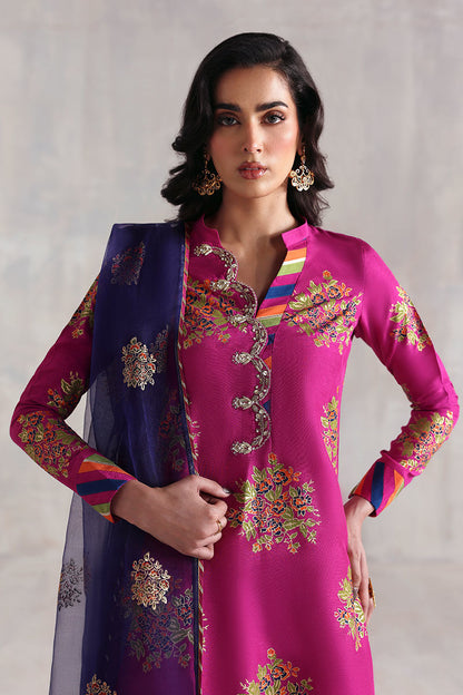 Purple block printed Pakistani shirt in Korean silk with matching trousers and organza dupatta – ideal for formal wear in USA, UK, Canada.

