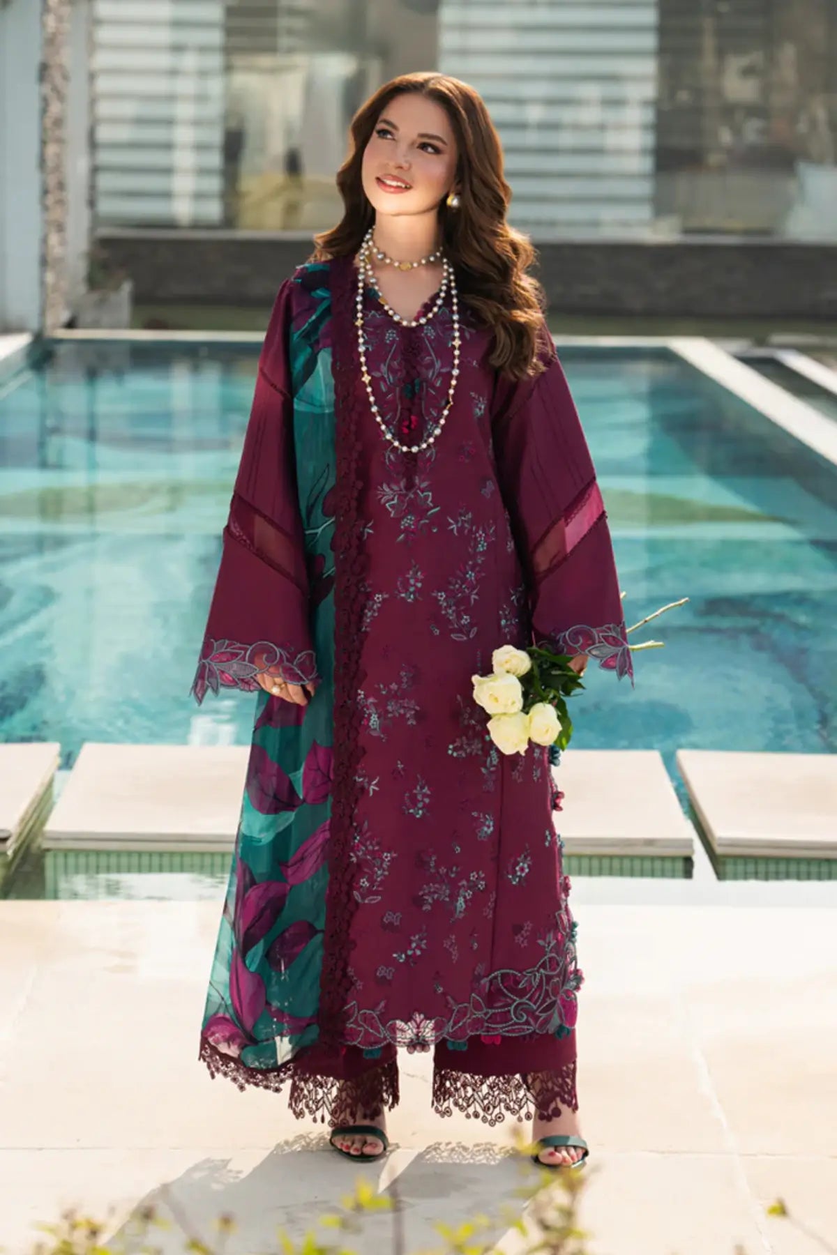 Kaia Grape embroidered lawn stitched 3PC suit by Rang Rasiya with Bamber chiffon dupatta