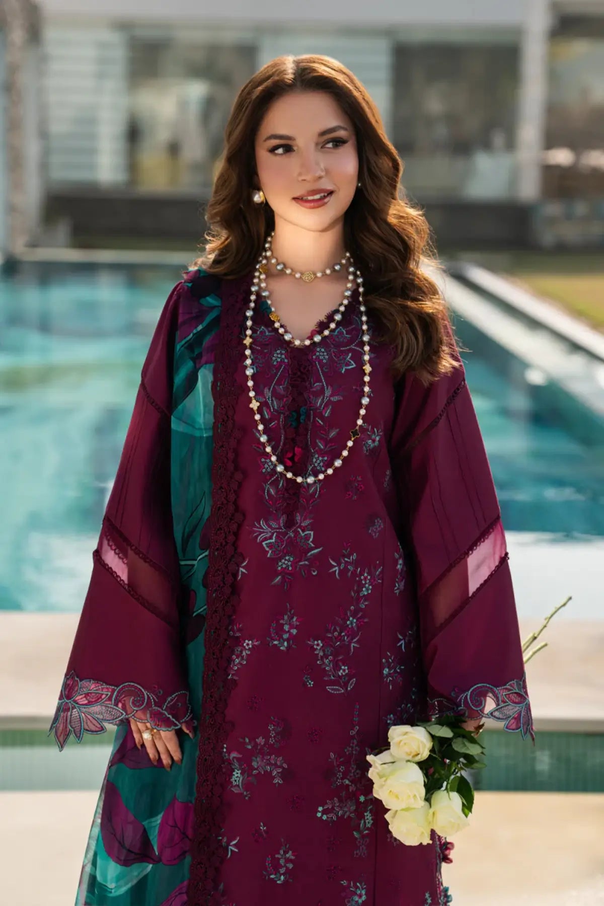 Kaia Grape embroidered lawn stitched 3PC suit by Rang Rasiya with Bamber chiffon dupatta