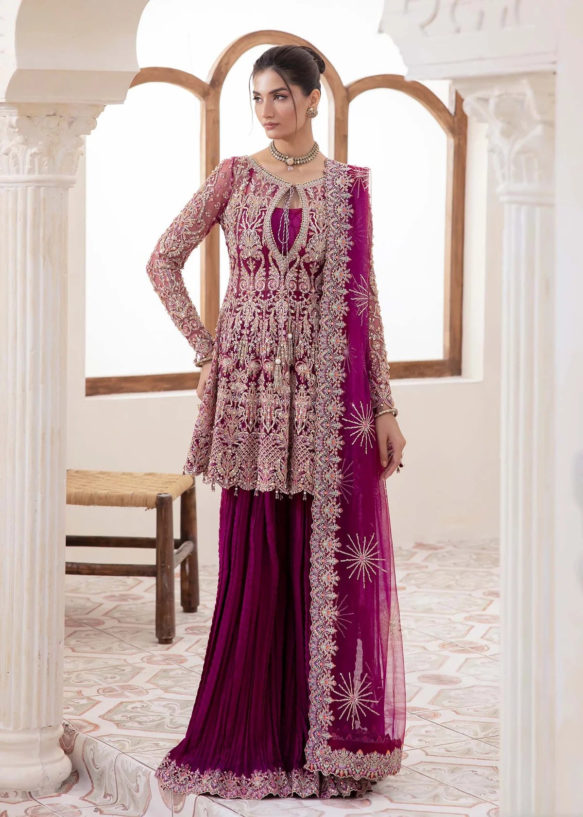 Plum embroidered Pakistani peplum top with crushed pants and net dupatta – elegant formal wear for women in USA, UK, and Canada.