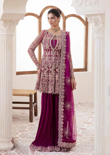 Plum embroidered Pakistani peplum top with crushed pants and net dupatta – elegant formal wear for women in USA, UK, and Canada.