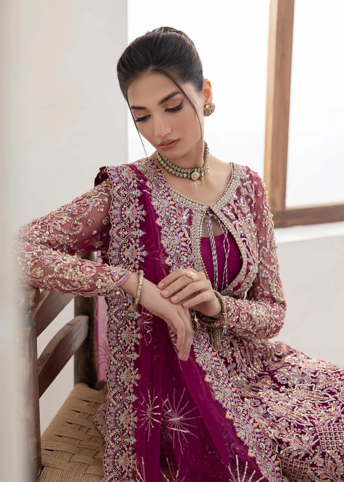 Plum embroidered Pakistani peplum top with crushed pants and net dupatta – elegant formal wear for women in USA, UK, and Canada.