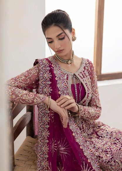 Plum embroidered Pakistani peplum top with crushed pants and net dupatta – elegant formal wear for women in USA, UK, and Canada.