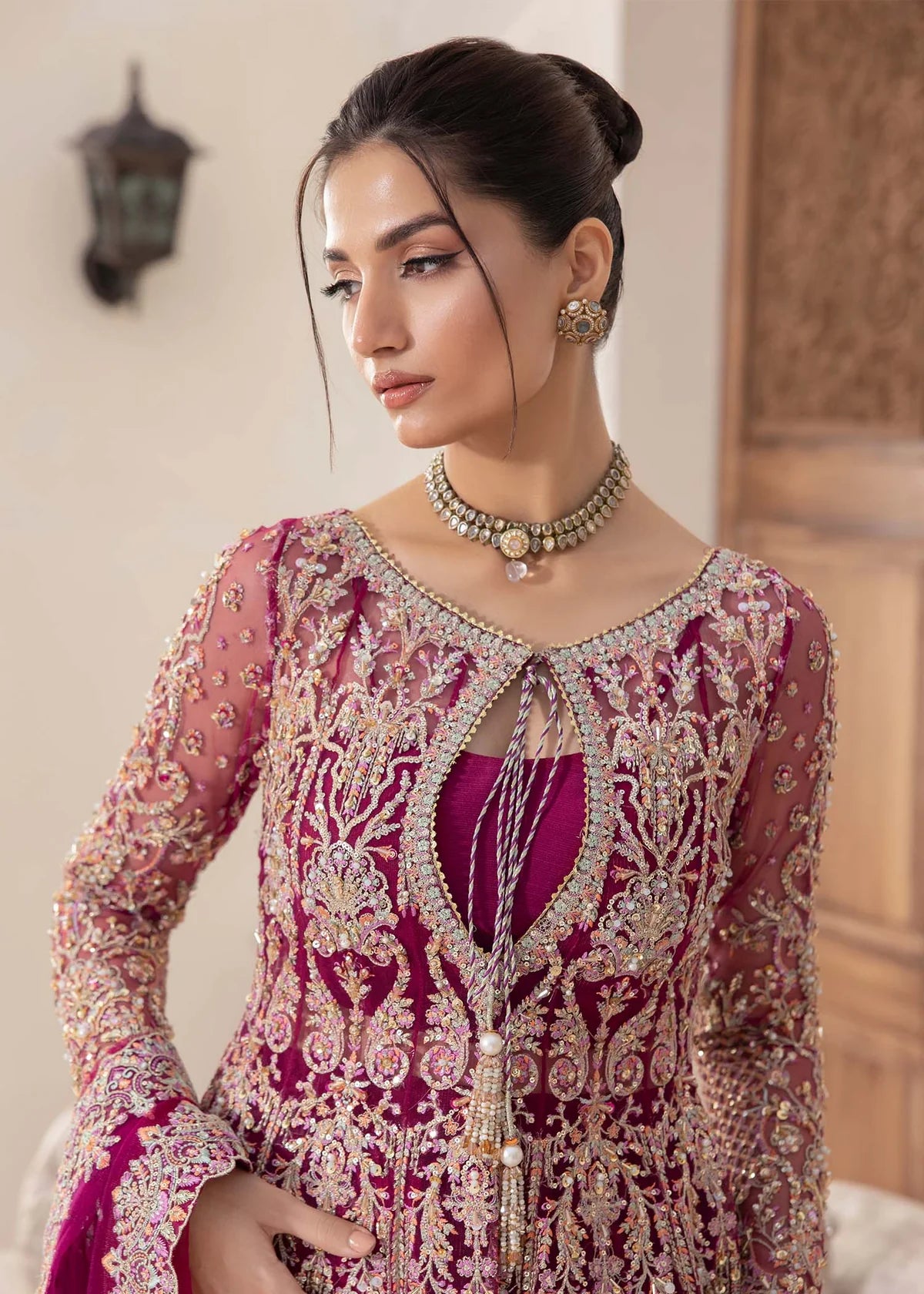 Plum embroidered Pakistani peplum top with crushed pants and net dupatta – elegant formal wear for women in USA, UK, and Canada.