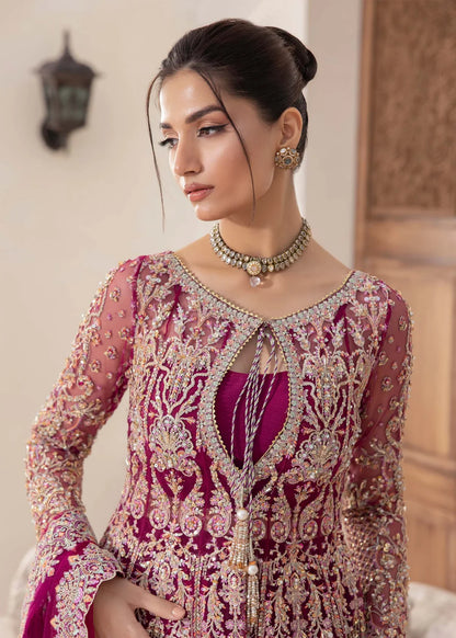 Plum embroidered Pakistani peplum top with crushed pants and net dupatta – elegant formal wear for women in USA, UK, and Canada.