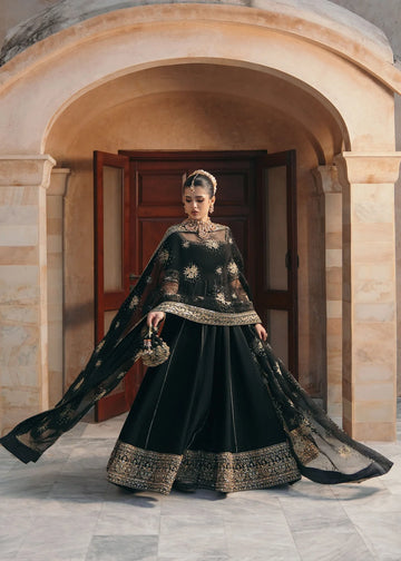 Kajal black Korean fabric pishwas with embroidered neckline, churidar pajama, and dupatta by Kanwal Malik from the Saheli Luxury Pret Collection.
