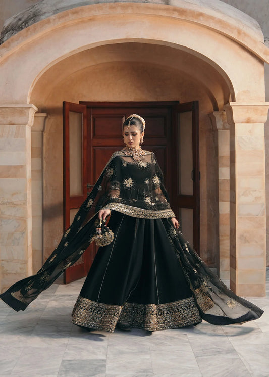 Kajal black Korean fabric pishwas with embroidered neckline, churidar pajama, and dupatta by Kanwal Malik from the Saheli Luxury Pret Collection.