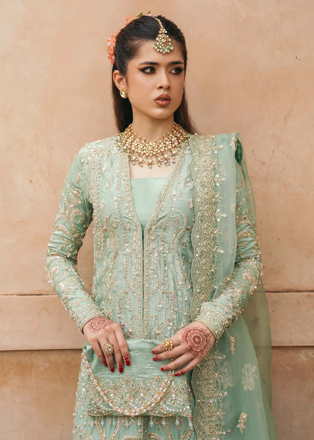 Kaneez aqua front-open three-piece silk party wear suit with flared pants and embroidered organza dupatta by Kanwal Malik, ideal for festive occasions.