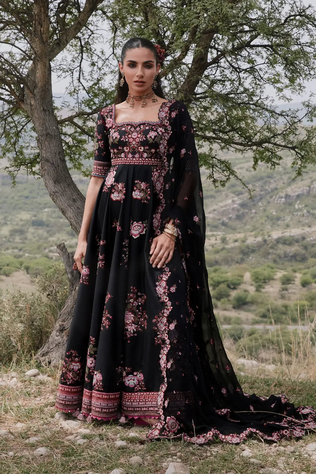 Kashmala Hussain Rehar Black Lawn Stitched Pishwas with Churidar and Embroidered Chiffon Dupatta