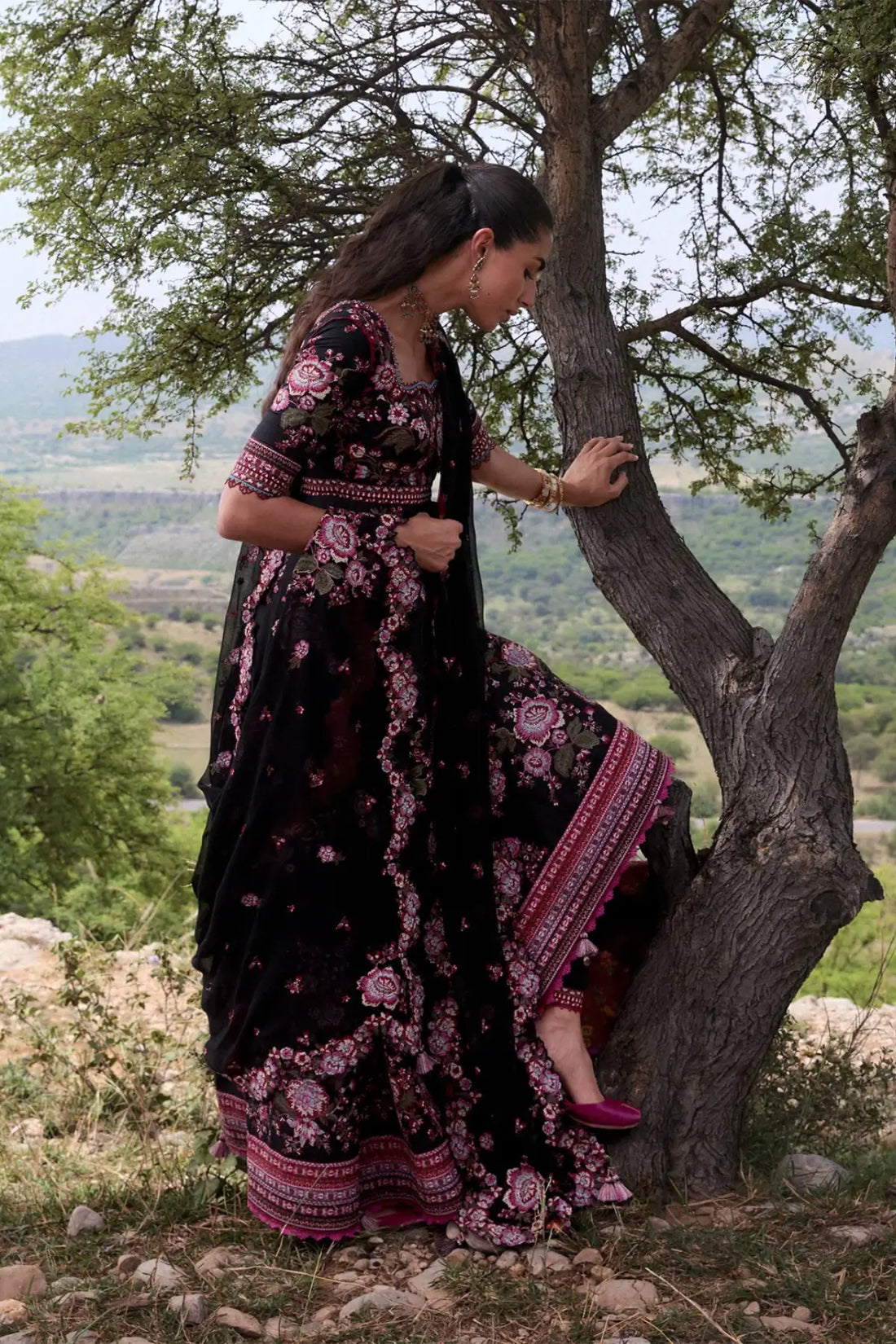 Kashmala Hussain Rehar Black Lawn Stitched Pishwas with Churidar and Embroidered Chiffon Dupatta