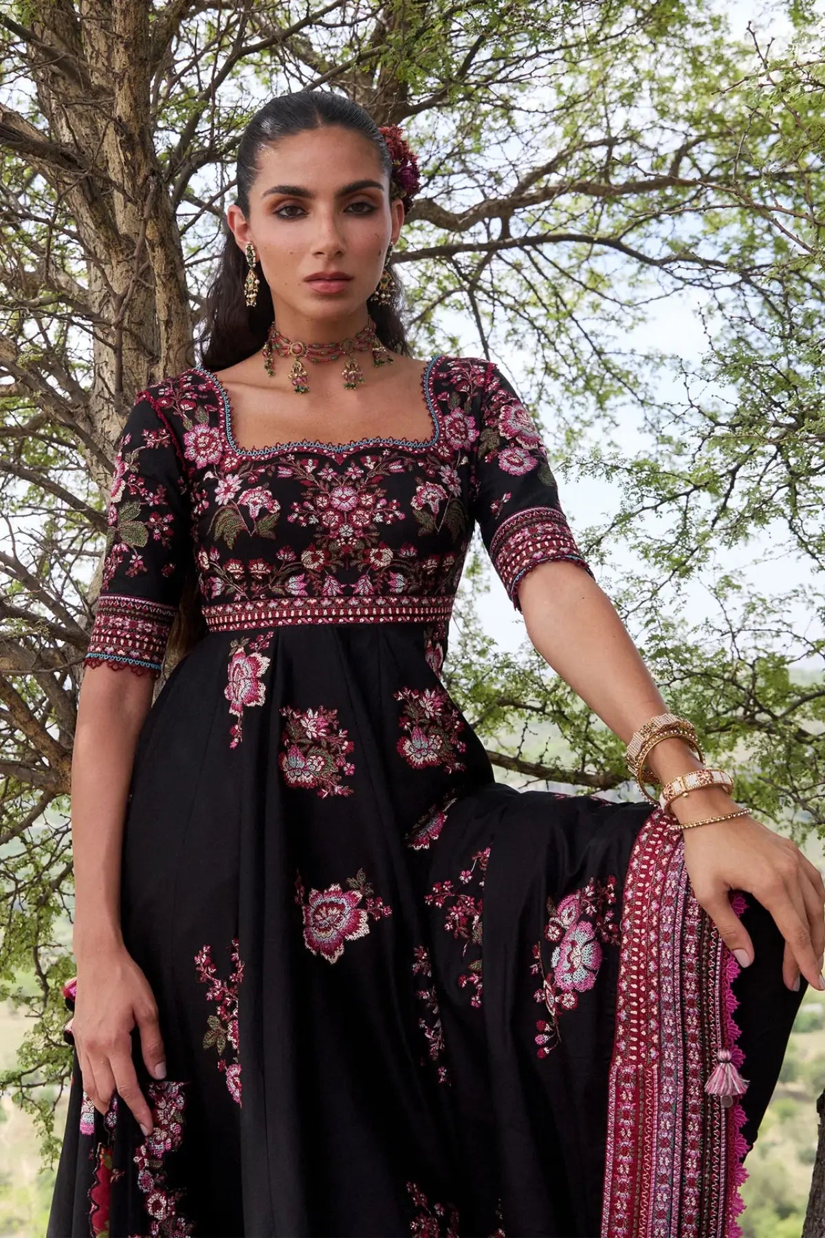 Kashmala Hussain Rehar Black Lawn Stitched Pishwas with Churidar and Embroidered Chiffon Dupatta