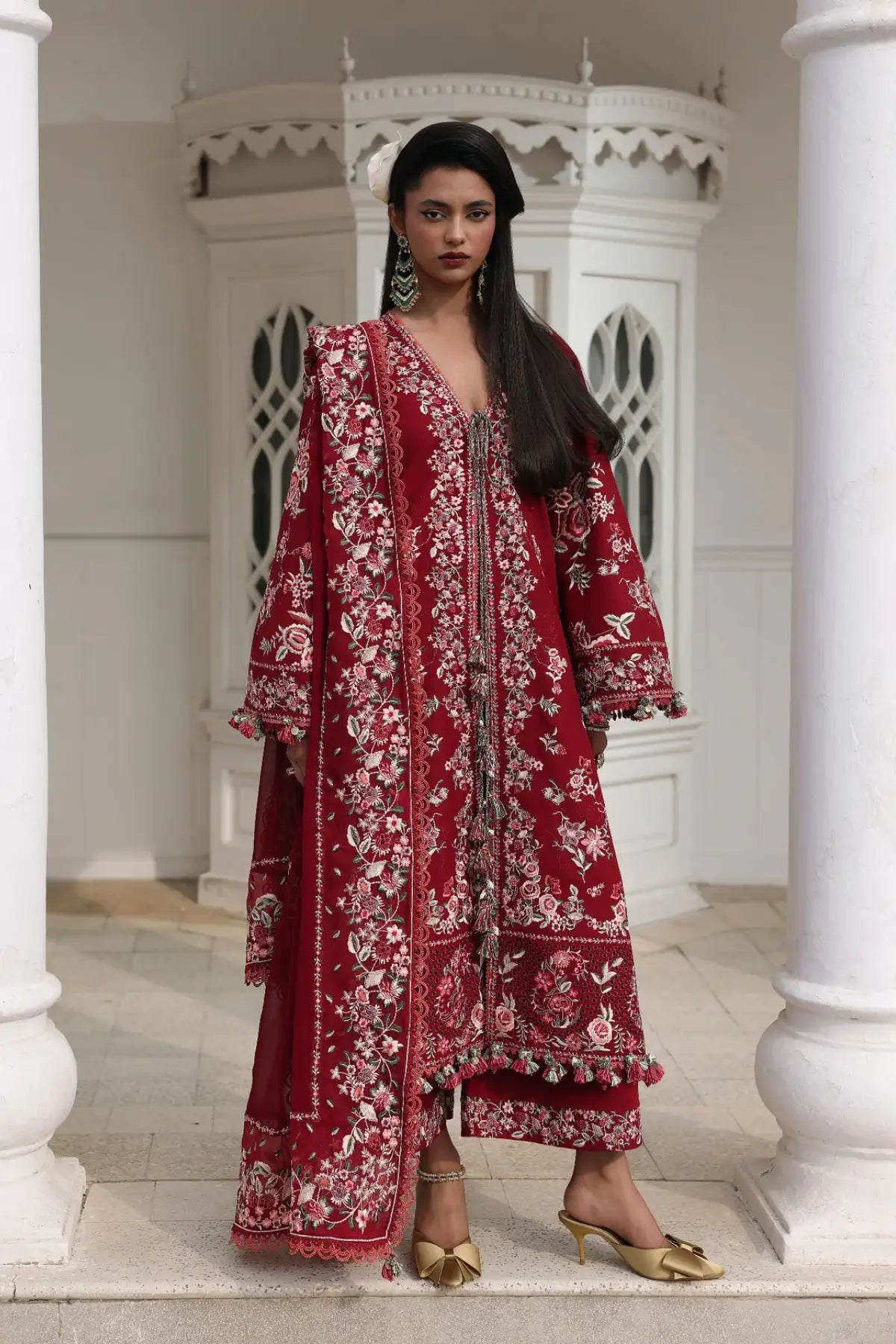 Red Kastanaa by Hussain Rehar stitched lawn 3PC with detailed floral embroidery and chiffon dupatta