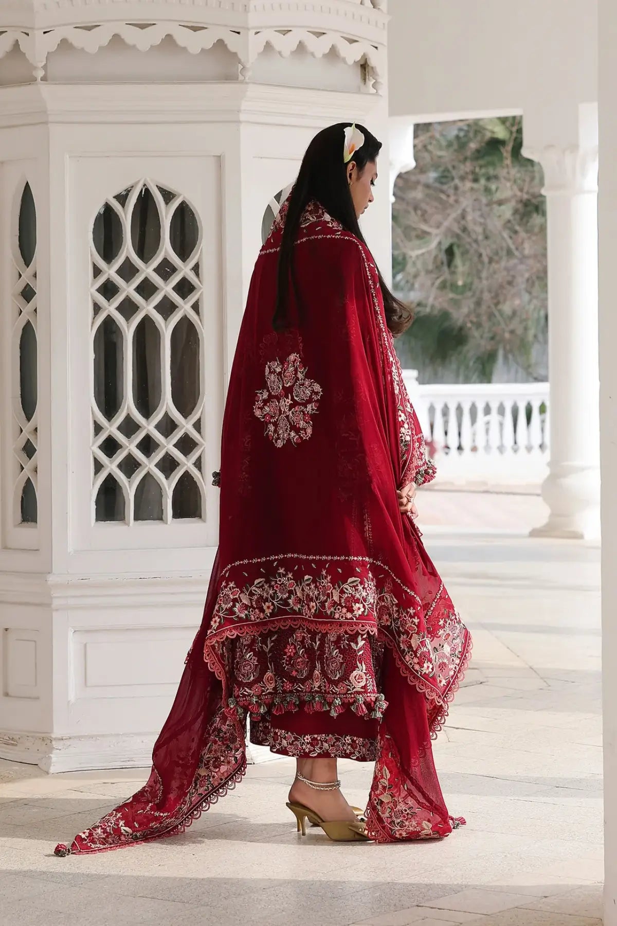 Red Kastanaa by Hussain Rehar stitched lawn 3PC with detailed floral embroidery and chiffon dupatta