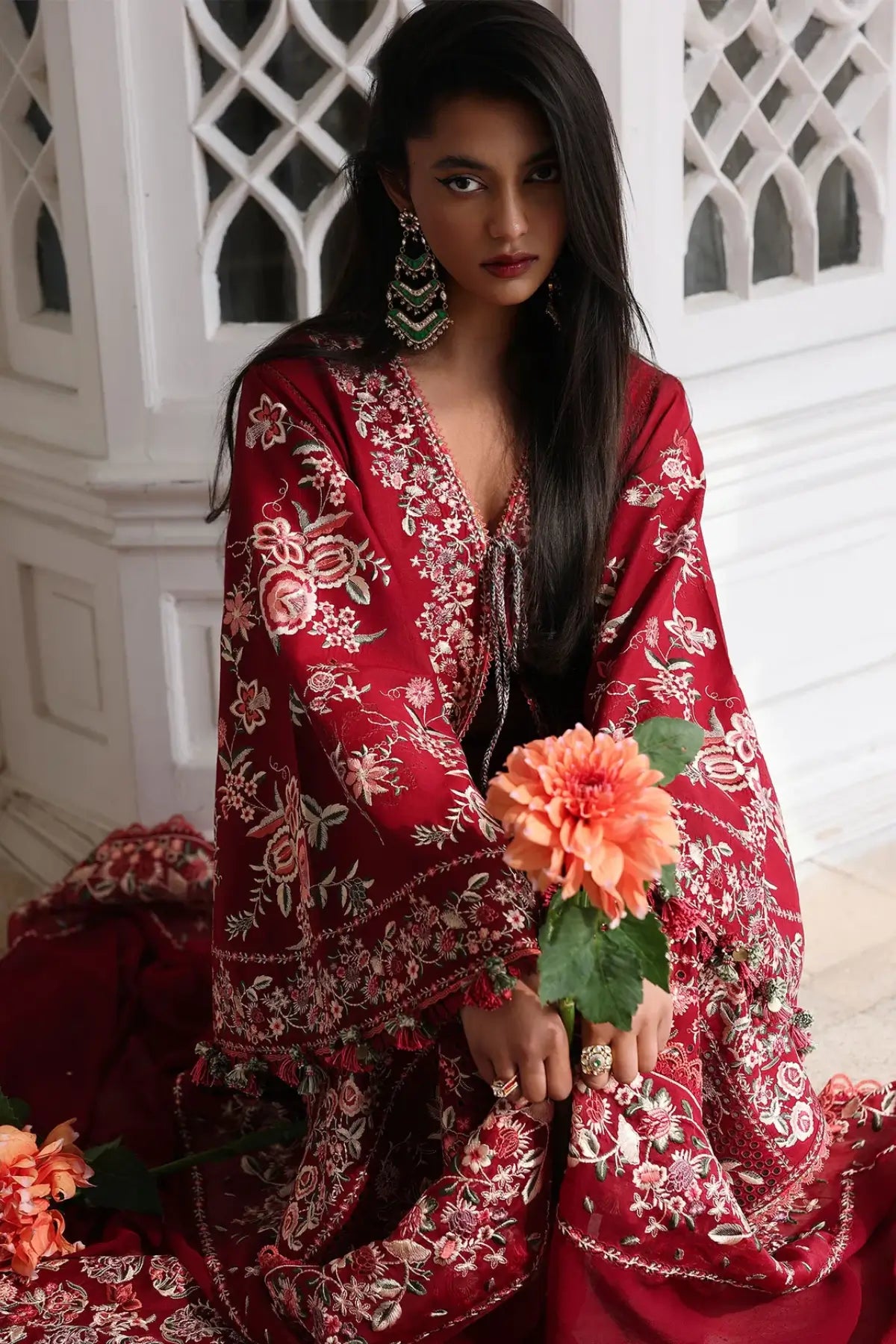 Red Kastanaa by Hussain Rehar stitched lawn 3PC with detailed floral embroidery and chiffon dupatta