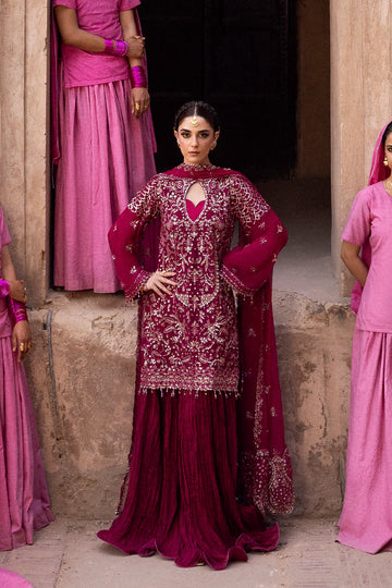 Kasyra graceful maroon chiffon embroidered outfit with raw silk trouser and chiffon dupatta by Emaan Adeel, designed for festive occasions and parties.