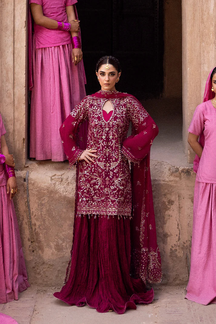 Kasyra graceful maroon chiffon embroidered outfit with raw silk trouser and chiffon dupatta by Emaan Adeel, designed for festive occasions and parties.