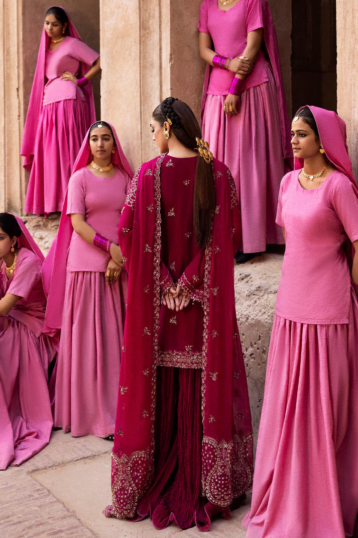 Kasyra graceful maroon chiffon embroidered outfit with raw silk trouser and chiffon dupatta by Emaan Adeel, designed for festive occasions and parties.