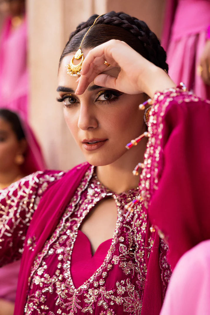 Kasyra graceful maroon chiffon embroidered outfit with raw silk trouser and chiffon dupatta by Emaan Adeel, designed for festive occasions and parties.