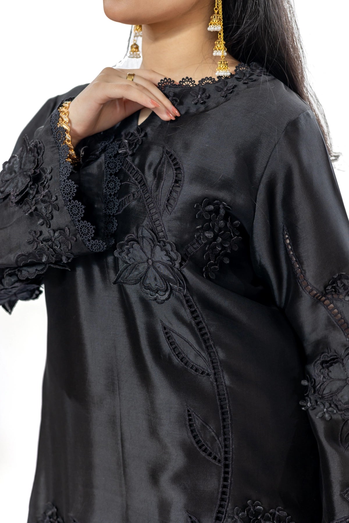 Katrina black Sheesha silk stitched 3PC suit with 3D applique and organza dupatta from Soroya by MariamRaj