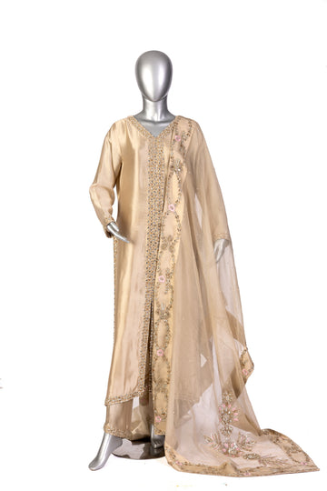Kavia Gold Wedding Formal Outfit by MariamRaj: Sheesha silk shirt, straight pants, organza dupatta with resham handwork for Nikah, Mehndi & weddings