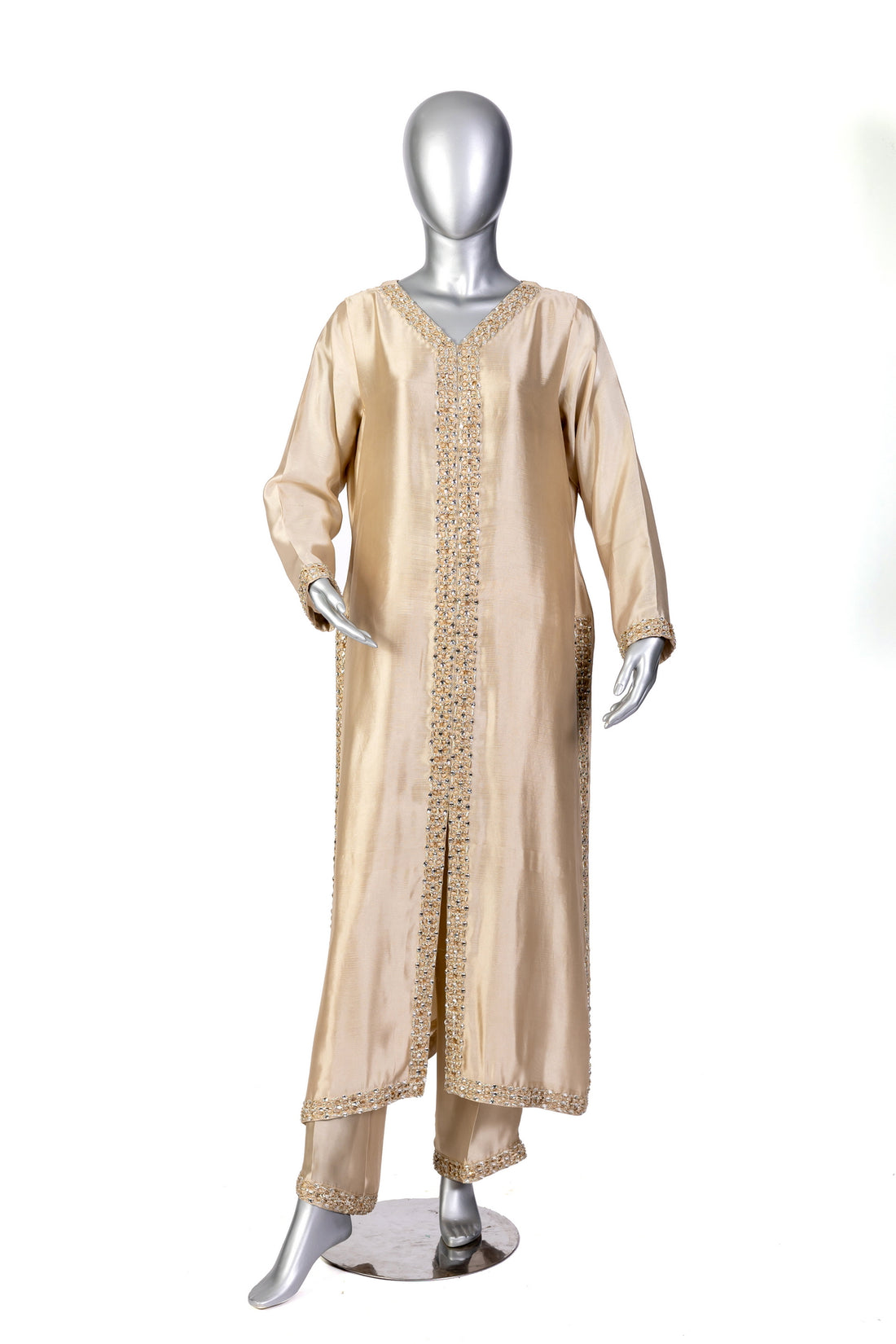 Kavia Gold Wedding Formal Outfit by MariamRaj: Sheesha silk shirt, straight pants, organza dupatta with resham handwork for Nikah, Mehndi & weddings