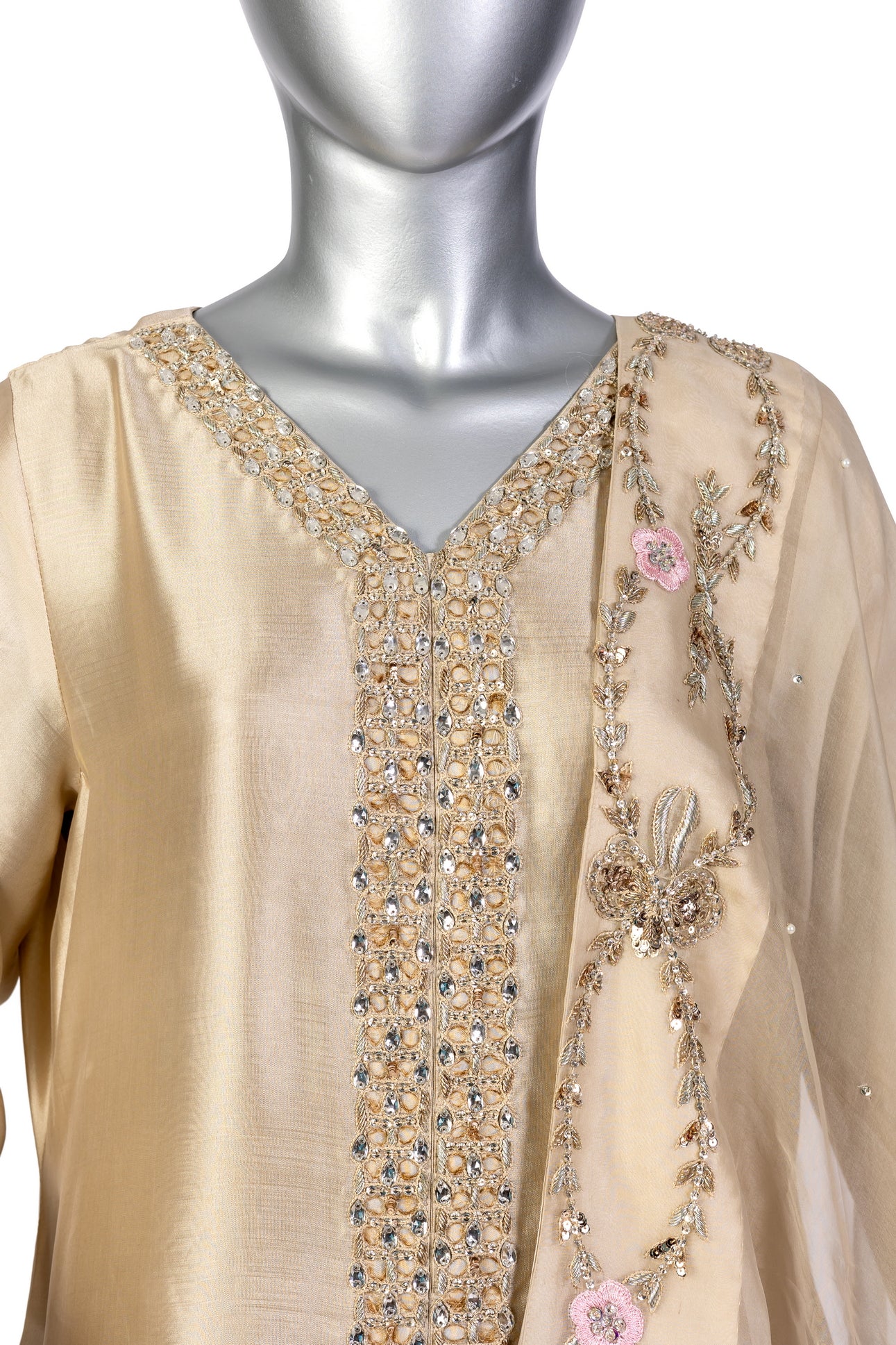 Kavia Gold Wedding Formal Outfit by MariamRaj: Sheesha silk shirt, straight pants, organza dupatta with resham handwork for Nikah, Mehndi & weddings