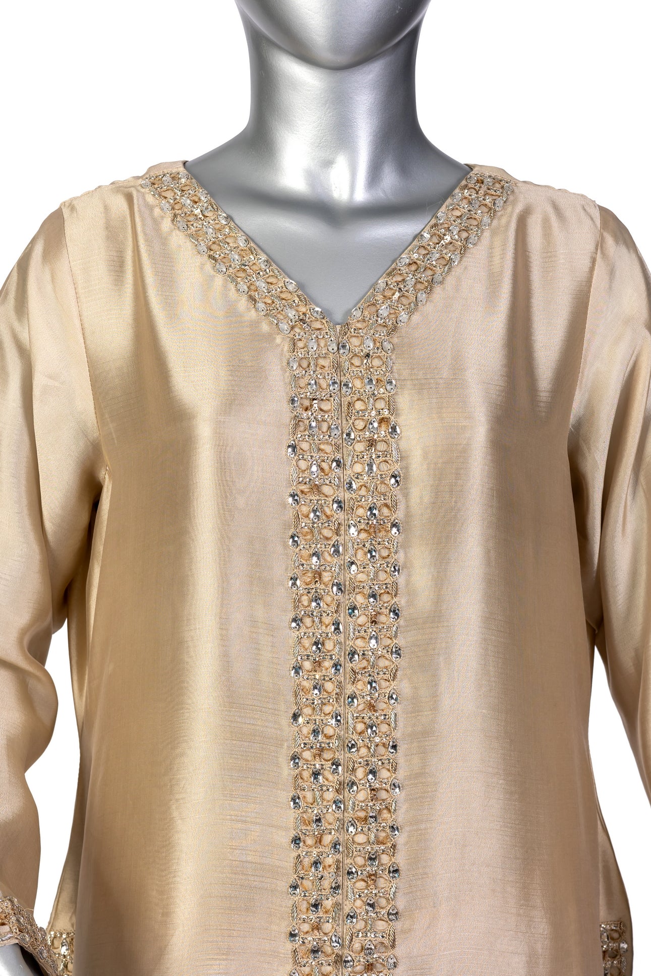Kavia Gold Wedding Formal Outfit by MariamRaj: Sheesha silk shirt, straight pants, organza dupatta with resham handwork for Nikah, Mehndi & weddings