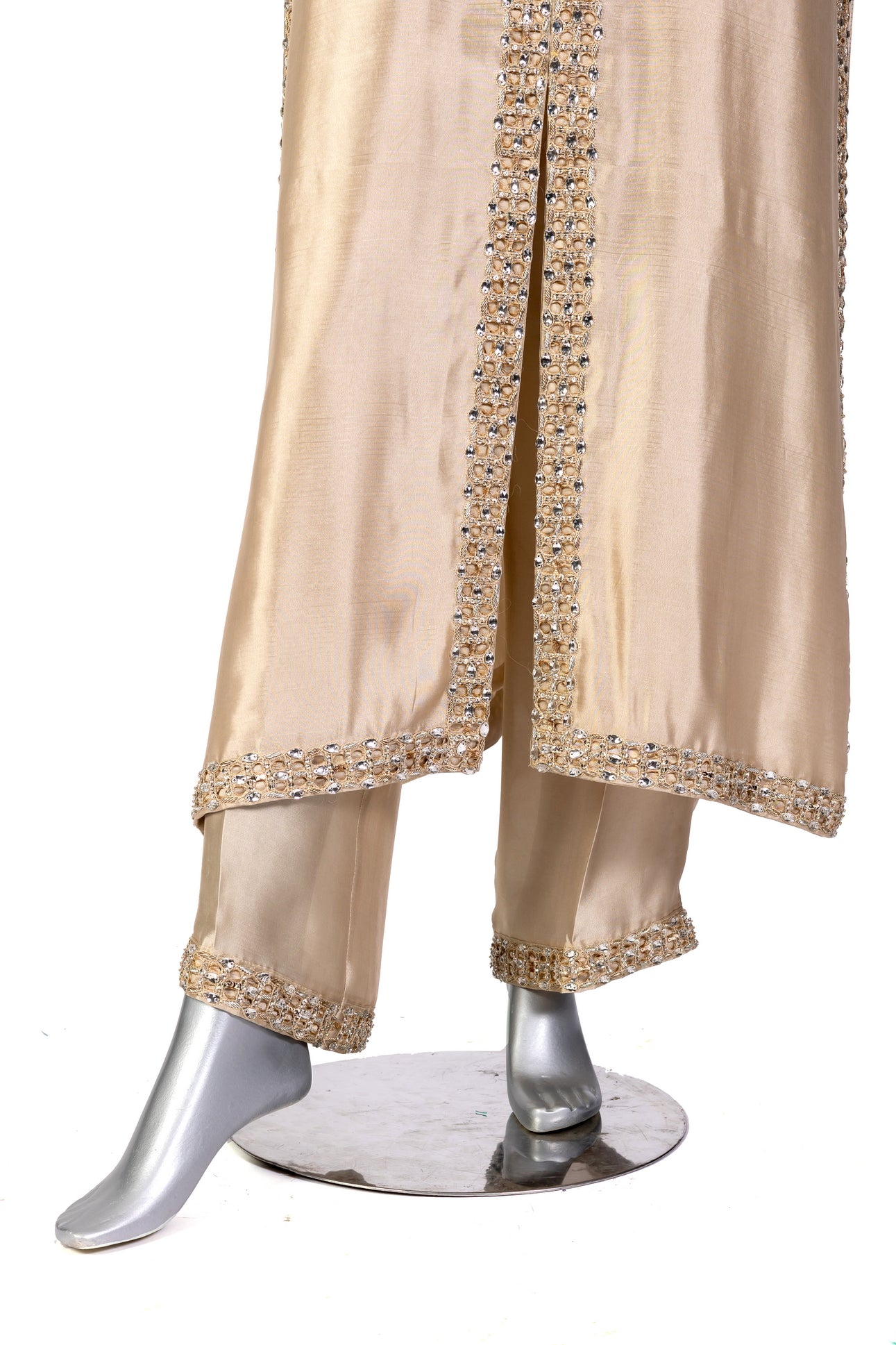 Kavia Gold Wedding Formal Outfit by MariamRaj: Sheesha silk shirt, straight pants, organza dupatta with resham handwork for Nikah, Mehndi & weddings