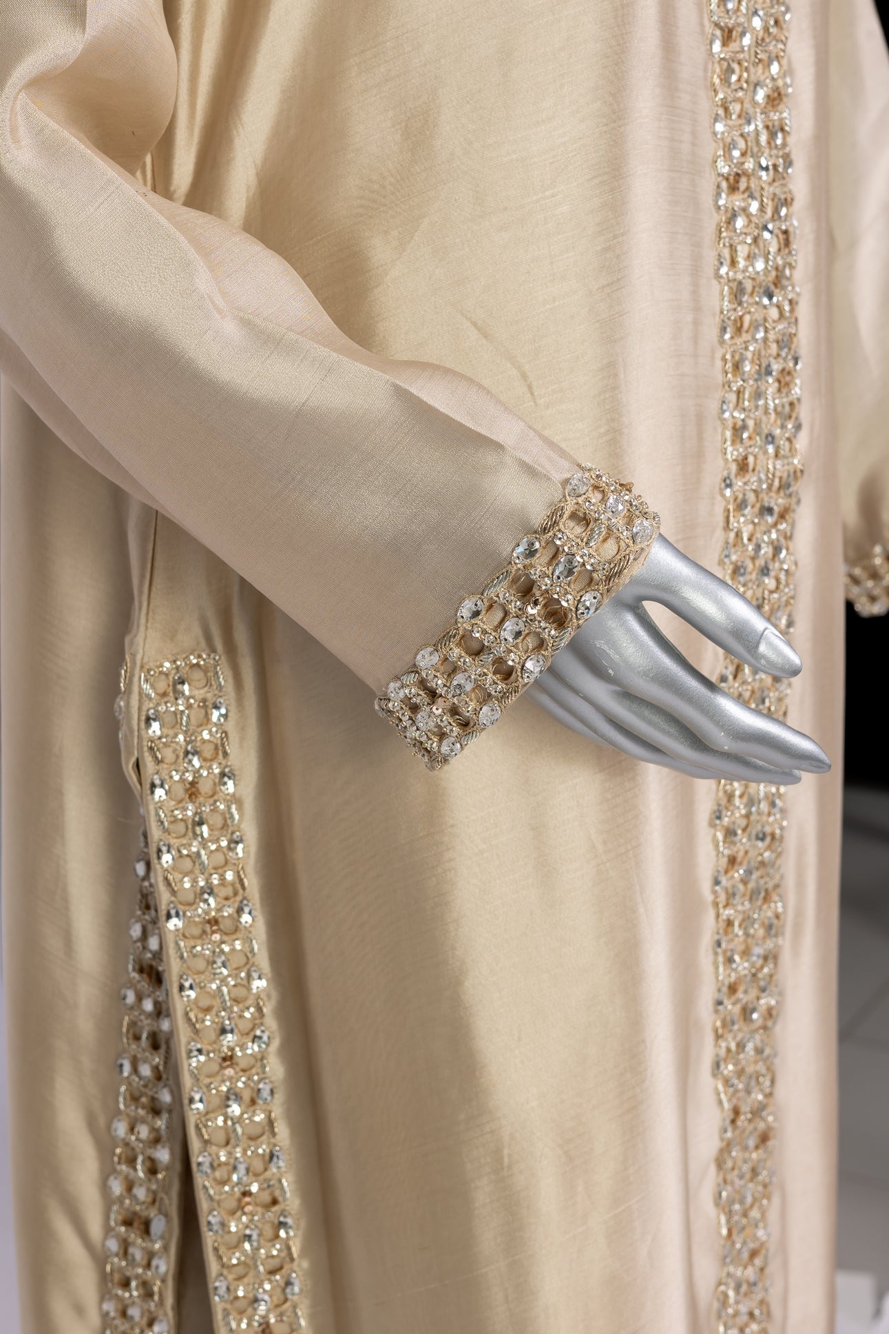 Kavia Gold Wedding Formal Outfit by MariamRaj: Sheesha silk shirt, straight pants, organza dupatta with resham handwork for Nikah, Mehndi & weddings