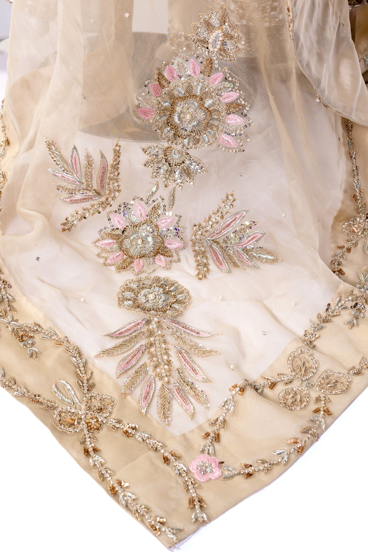 Kavia Gold Wedding Formal Outfit by MariamRaj: Sheesha silk shirt, straight pants, organza dupatta with resham handwork for Nikah, Mehndi & weddings