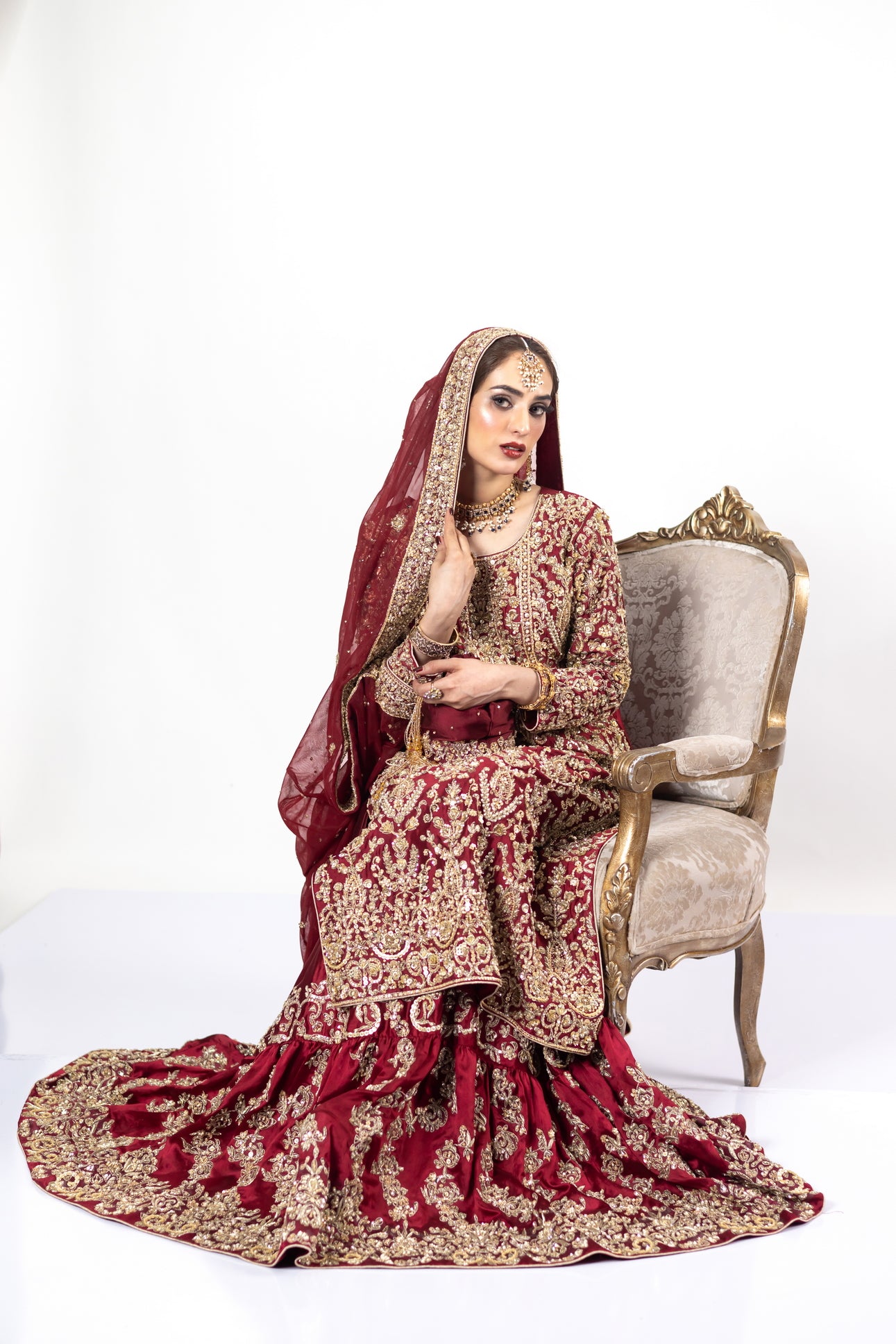 Kavya Royal Red Farshi Lehnga by MariamRaj: Raw silk shirt & lehnga, net organza dupatta, intricate zardoze and resham embroidery, bridal outfit for Baraat, Nikah, Mehndi