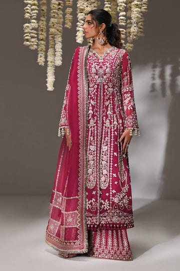 Kaya- Magenta festive ensemble with raw silk pants and organza dupatta By- Saad Bin Shahzad