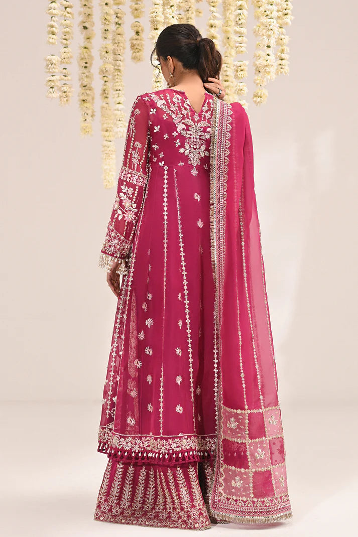 Kaya- Magenta festive ensemble with raw silk pants and organza dupatta By- Saad Bin Shahzad